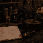 Kitchen witchery wooden counter with fresh herbs and a simmering pot