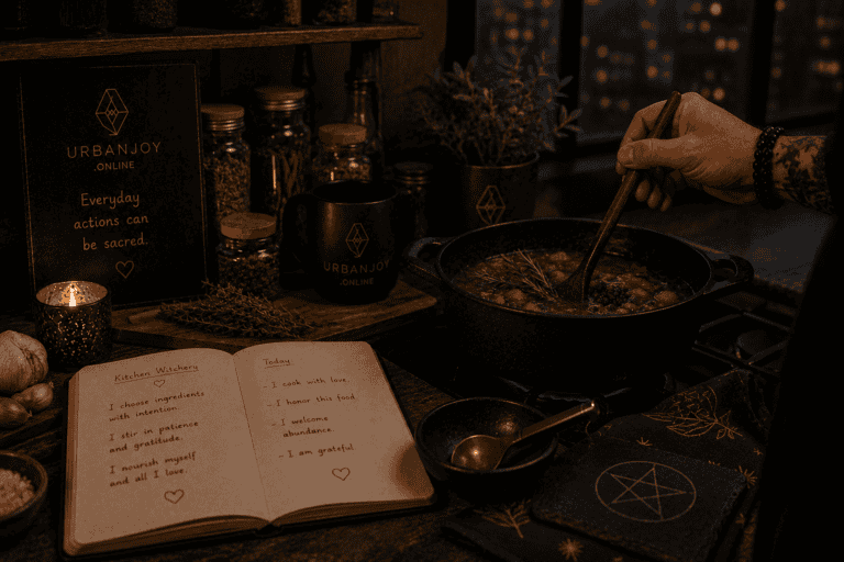 Kitchen witchery wooden counter with fresh herbs and a simmering pot