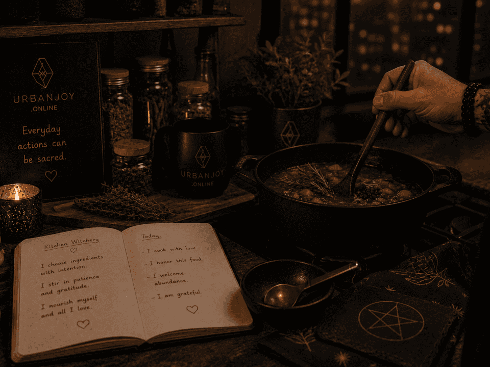 Kitchen witchery wooden counter with fresh herbs and a simmering pot