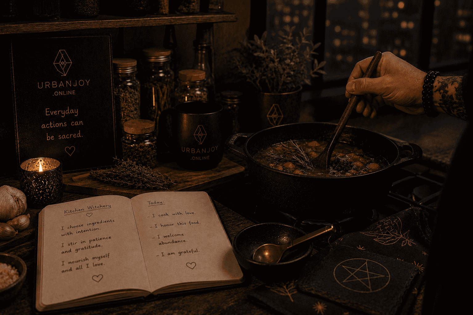 Kitchen witchery wooden counter with fresh herbs and a simmering pot