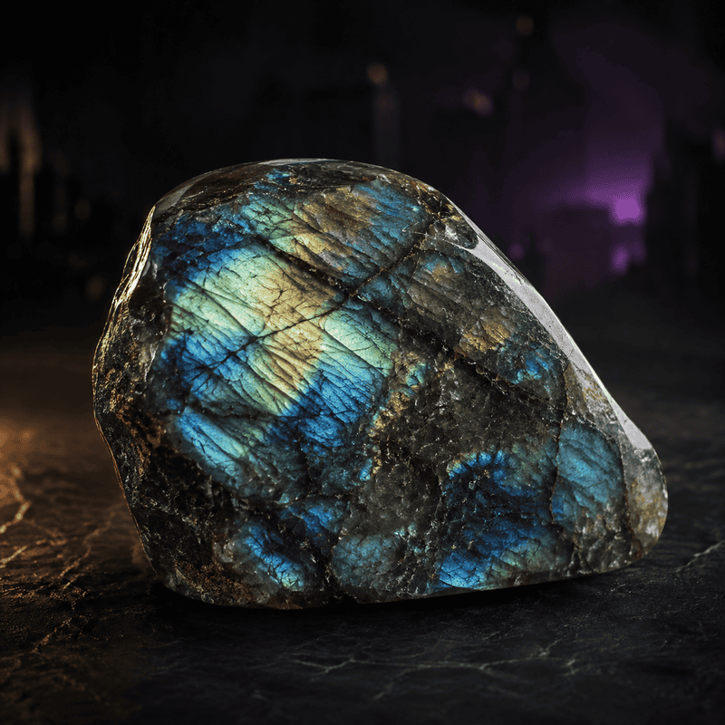 Labradorite mineral with iridescent blue and green hues on dark background.