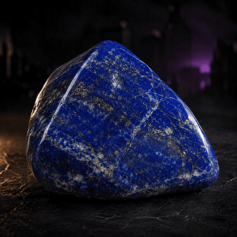 Polished lapis lazuli gemstone with deep blue color and gold flecks on dark background.