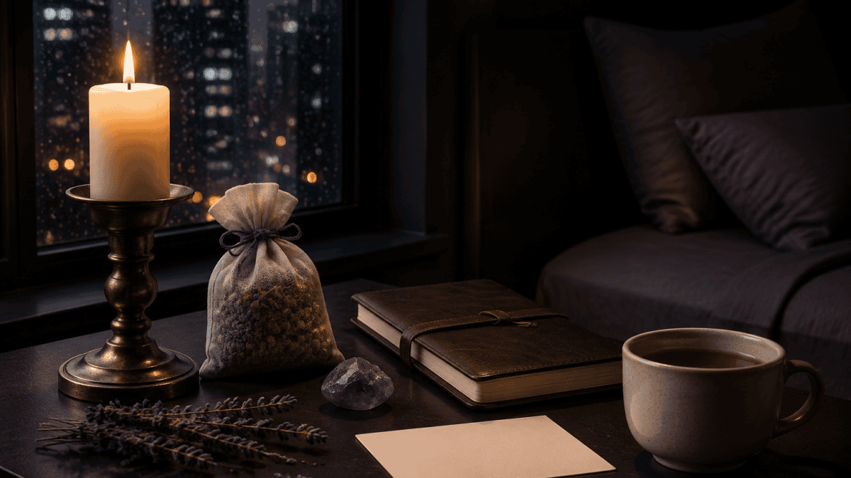Lavender Evening Ritual for Peaceful Rest 6 Warm candlelight on a nightstand with a book and coffee mug in a dark room.
