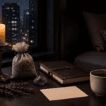 Warm candlelight on a nightstand with a book and coffee mug in a dark room.