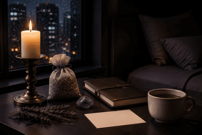 Lavender Evening Ritual for Peaceful Rest 9 Warm candlelight on a nightstand with a book and coffee mug in a dark room.
