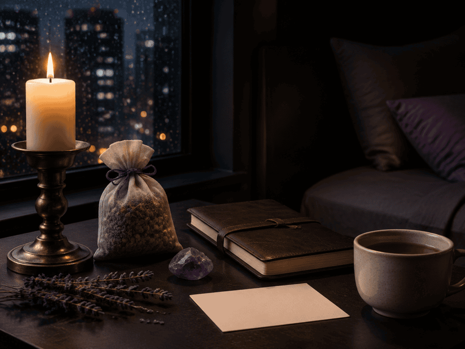 Warm candlelight on a nightstand with a book and coffee mug in a dark room.