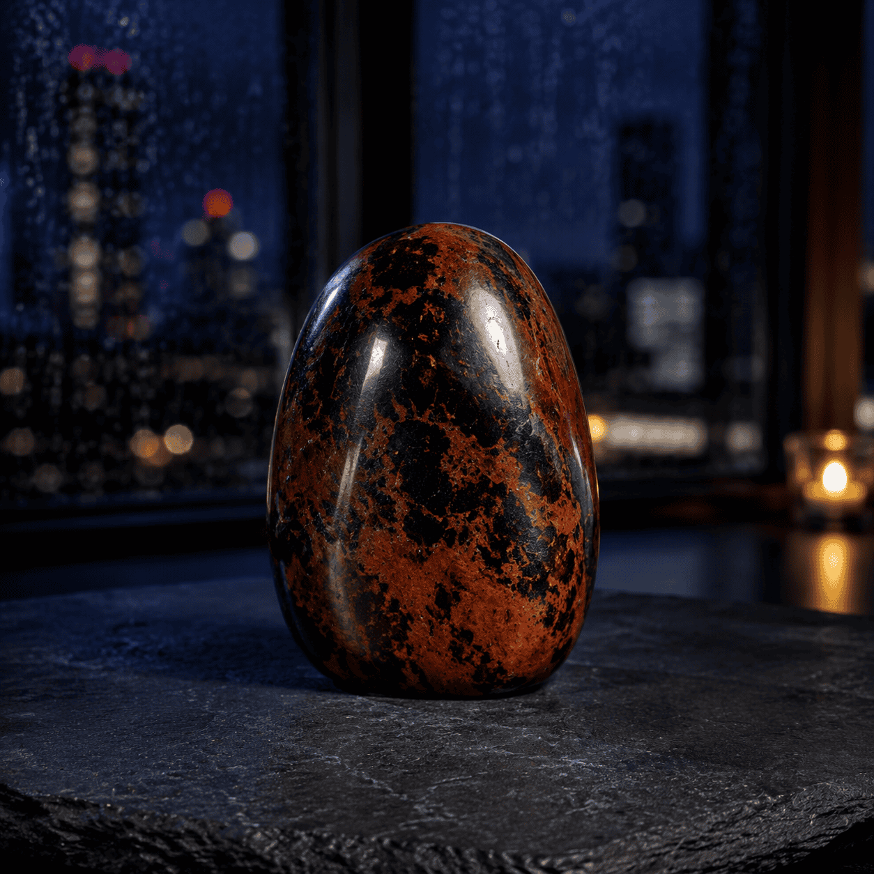 Polished jasper stone with red and black patterns on windowsill at night.