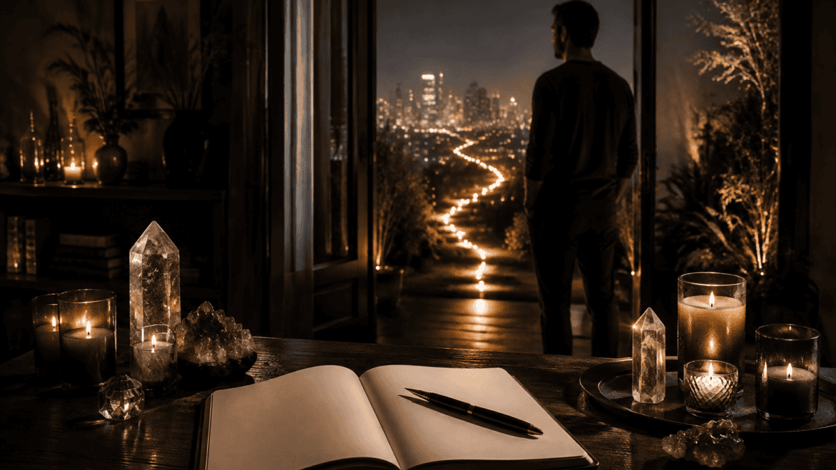 Man overlooking city skyline from indoors with candles and crystals.