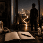 Man overlooking city skyline from indoors with candles and crystals.
