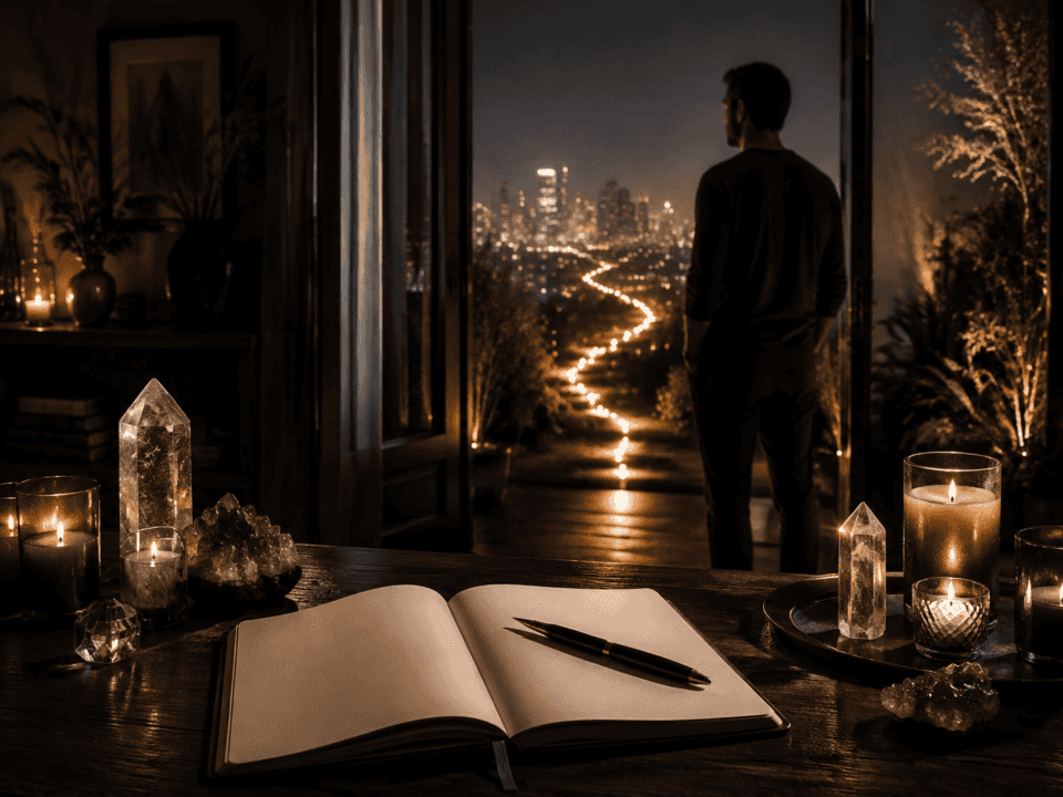 Man overlooking city skyline from indoors with candles and crystals.