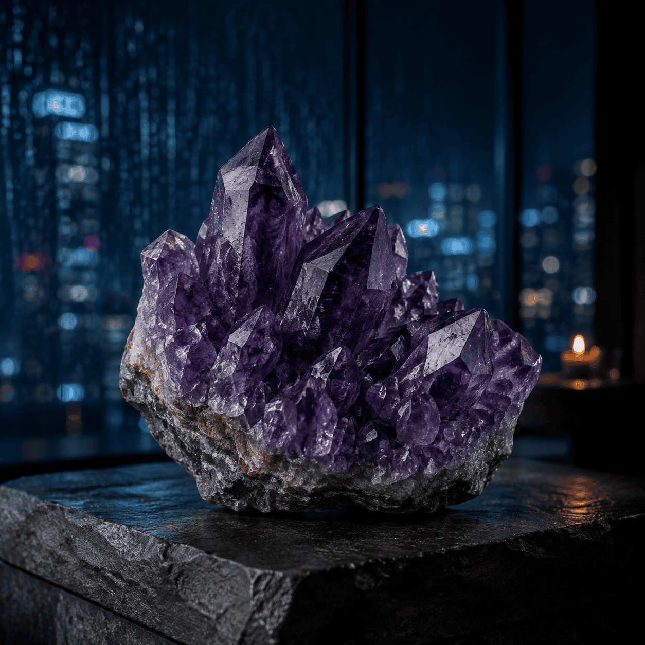 Purple amethyst crystal displayed on a dark surface with city lights in background.