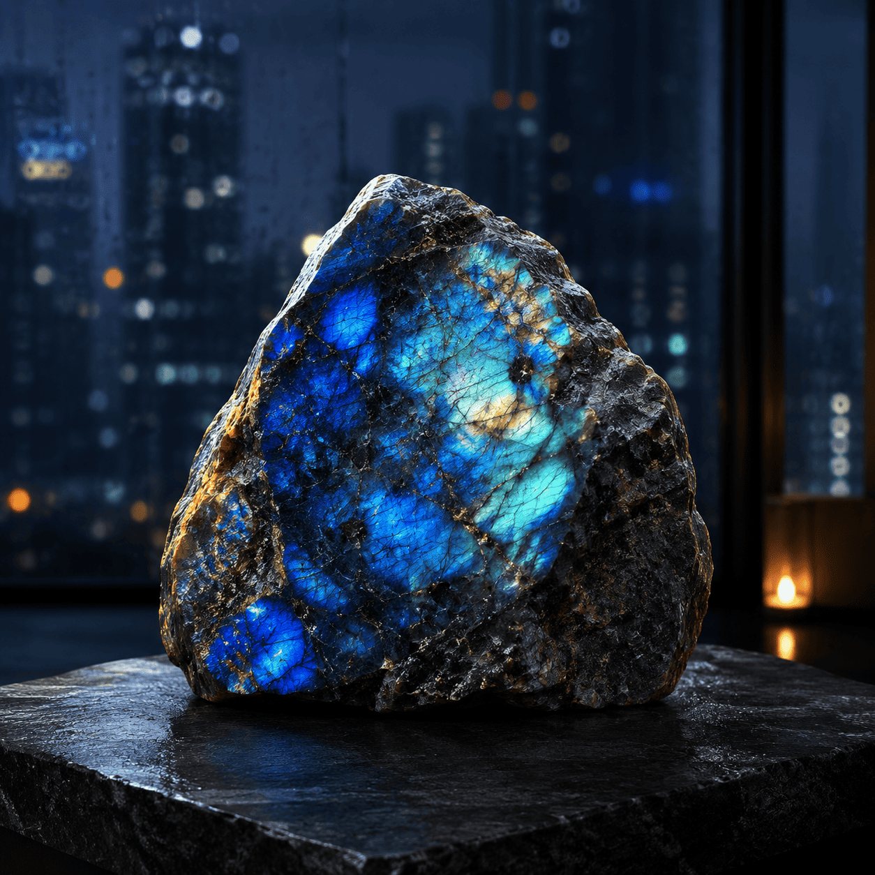 Labradorite gemstone with iridescent blue and green hues on a dark background.
