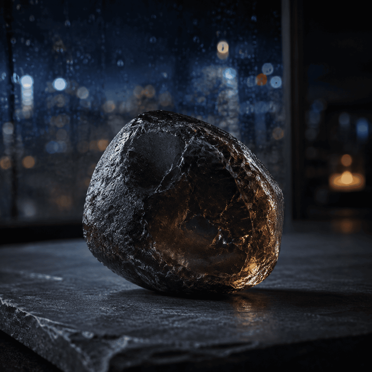 Close-up of a black stone sculpture on a dark surface at night.