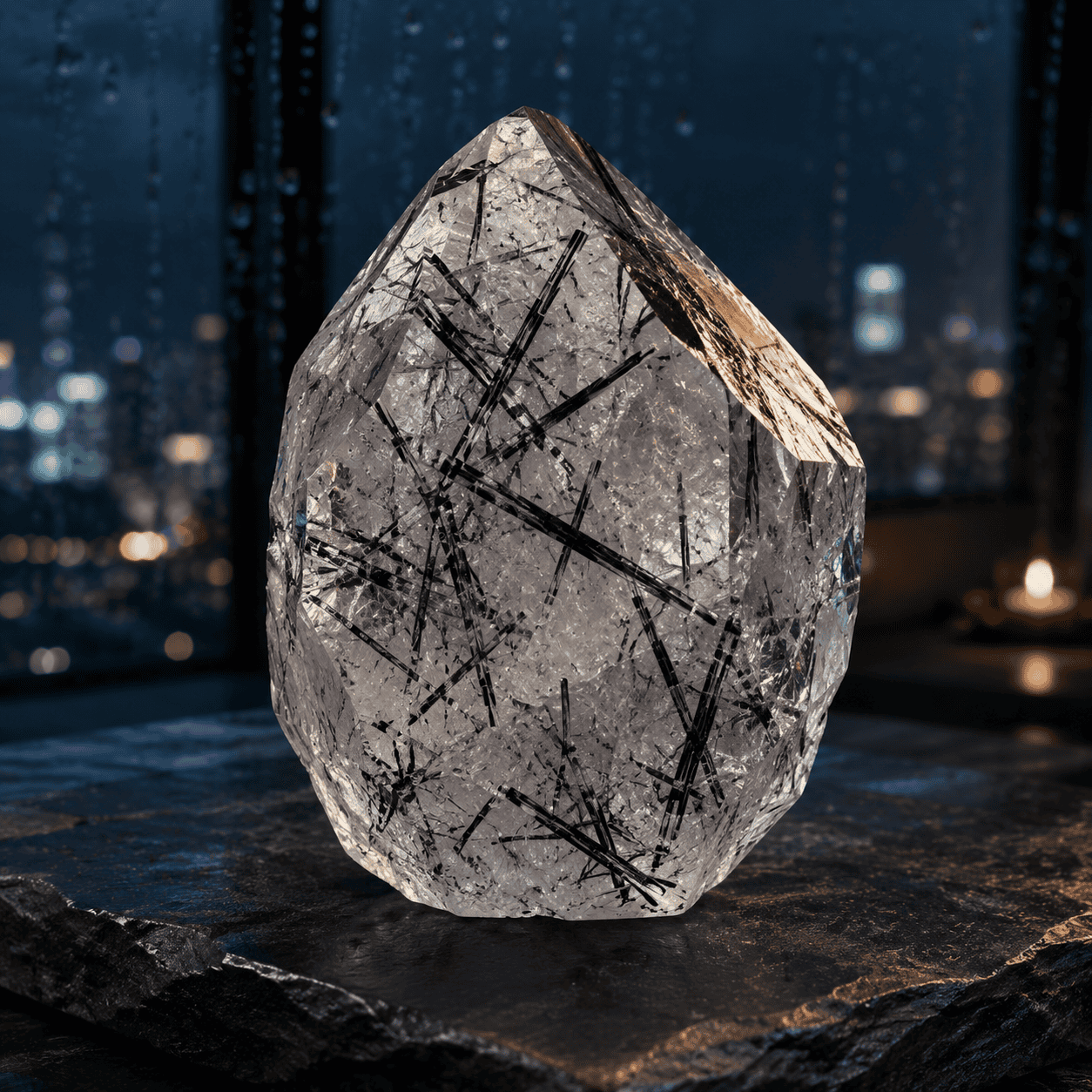Large clear quartz crystal with black rutile inclusions on dark surface.