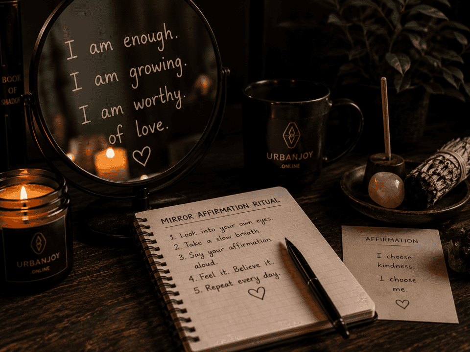 Mirror affirmation ritual vanity mirror with candlelight and dried rose petals