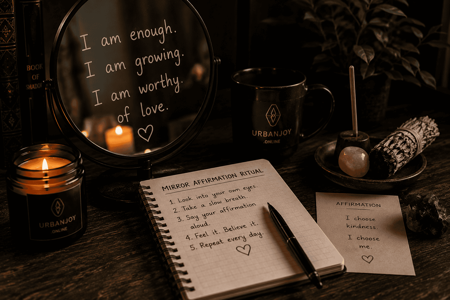 Mirror affirmation ritual vanity mirror with candlelight and dried rose petals
