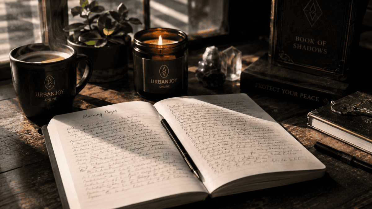 Morning pages ritual notebook open on a desk with pen and coffee in warm morning light