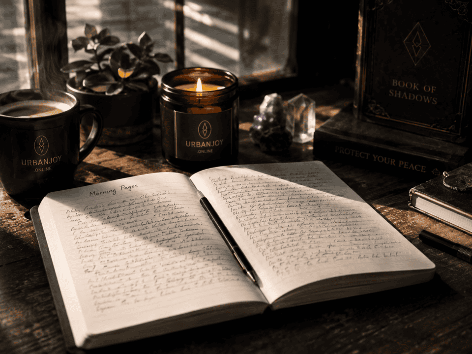 Morning pages ritual notebook open on a desk with pen and coffee in warm morning light