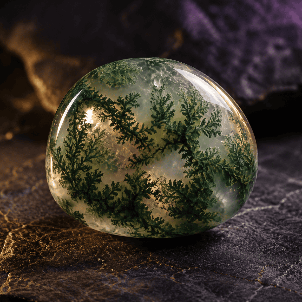 Green moss agate gemstone with intricate moss-like inclusions for jewelry.