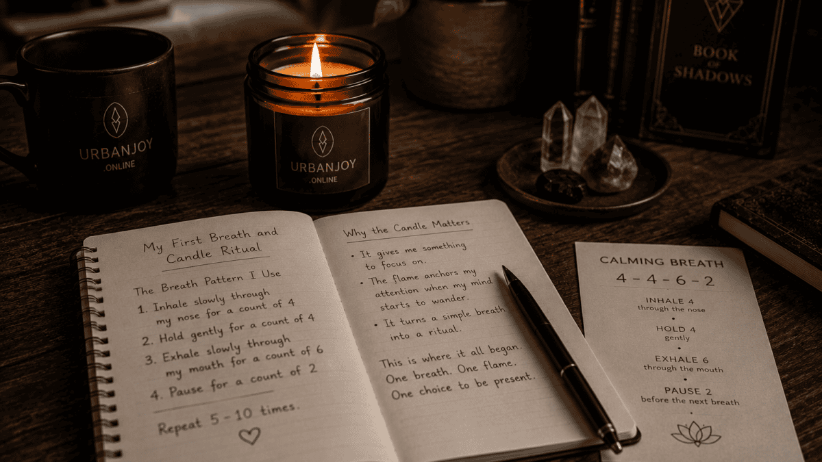 Beginner's breath and candle ritual with a single lit pillar candle glowing in a dim room