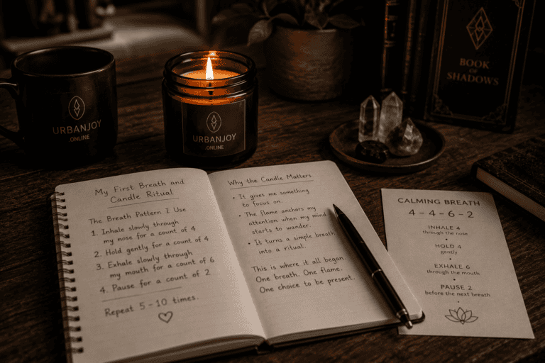 Beginner's breath and candle ritual with a single lit pillar candle glowing in a dim room