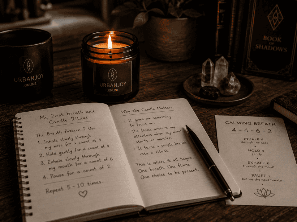Beginner's breath and candle ritual with a single lit pillar candle glowing in a dim room
