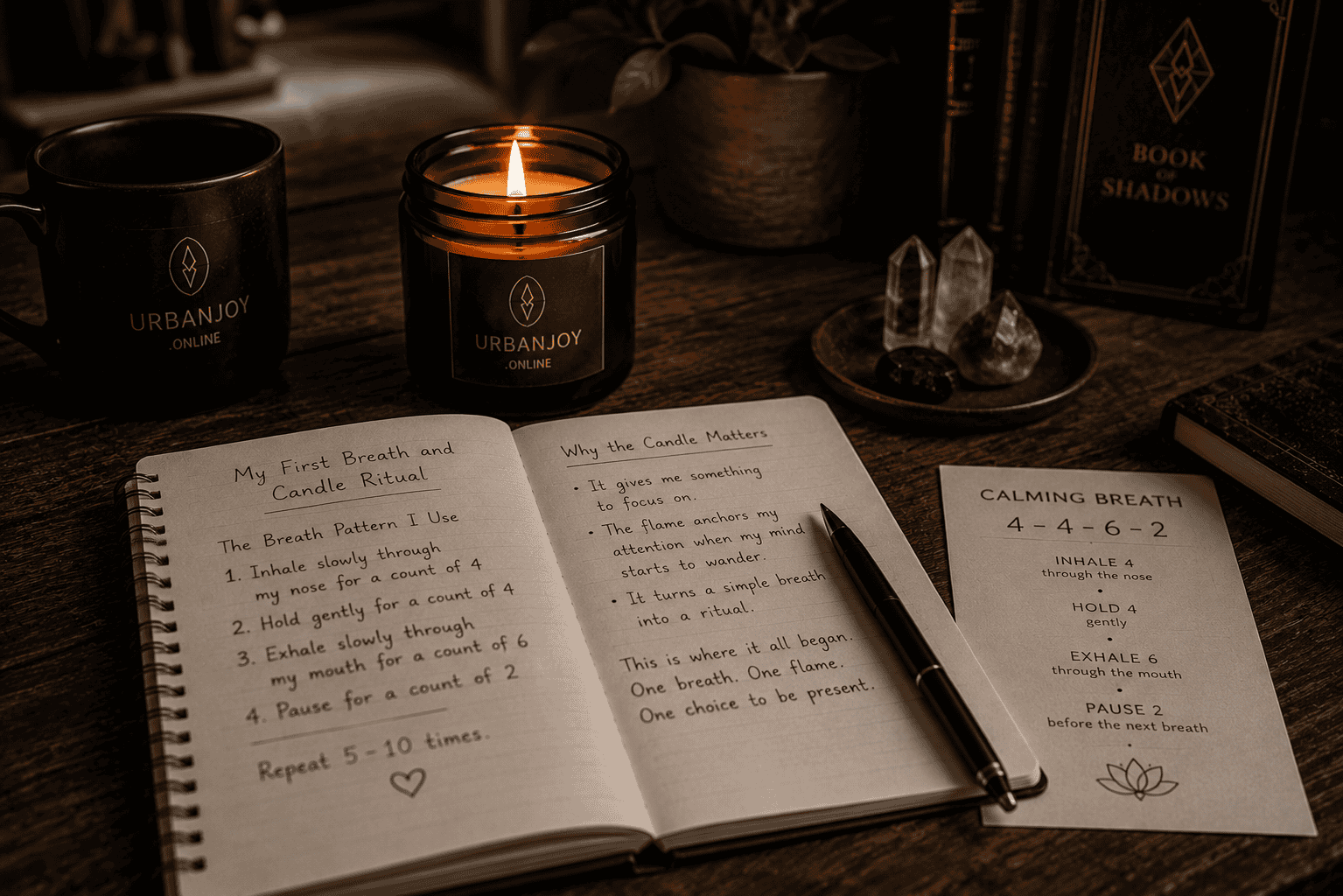 Beginner's breath and candle ritual with a single lit pillar candle glowing in a dim room