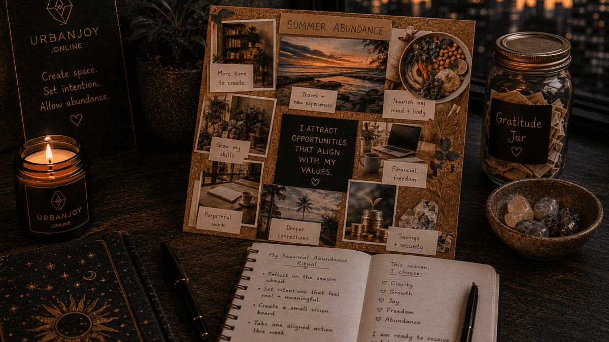 Abundance vision board ritual small cork board with clipped images and a candle