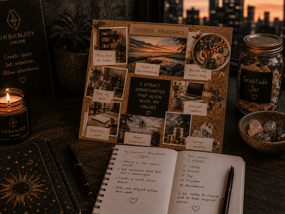 Abundance vision board ritual small cork board with clipped images and a candle