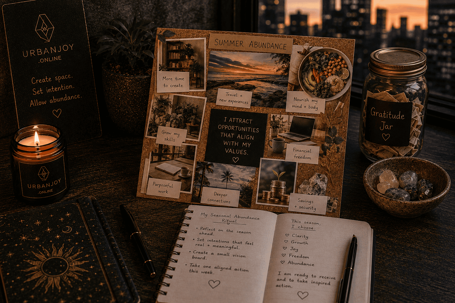 Abundance vision board ritual small cork board with clipped images and a candle