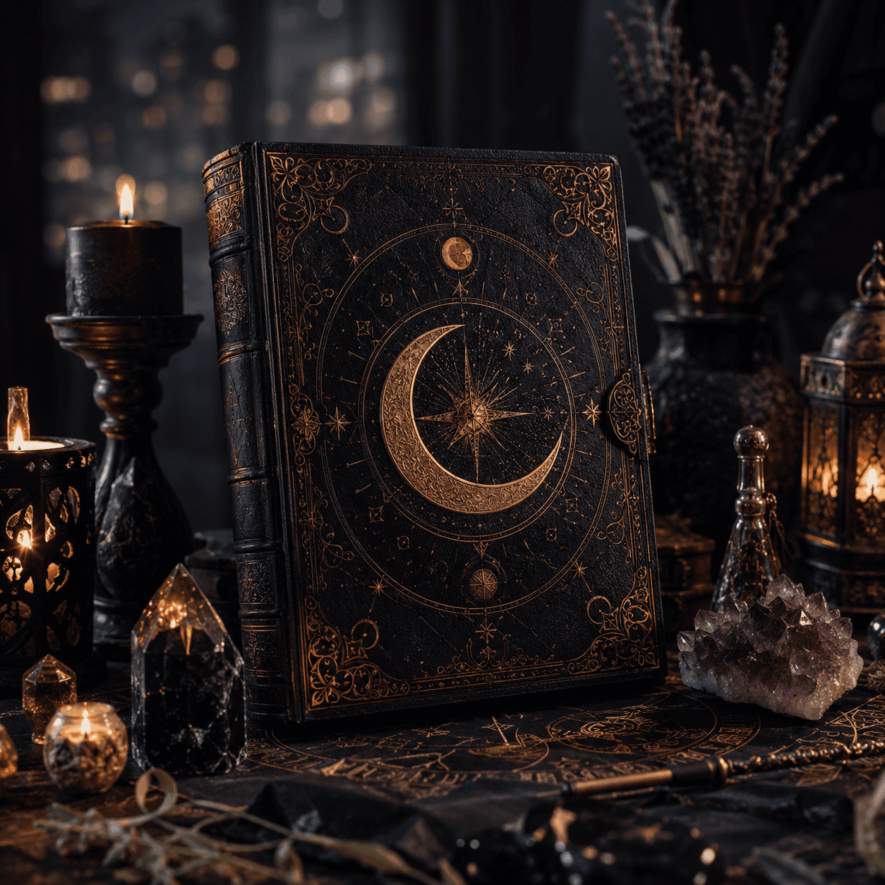 Decorative tarot book with moon and star design surrounded by candles and crystals.
