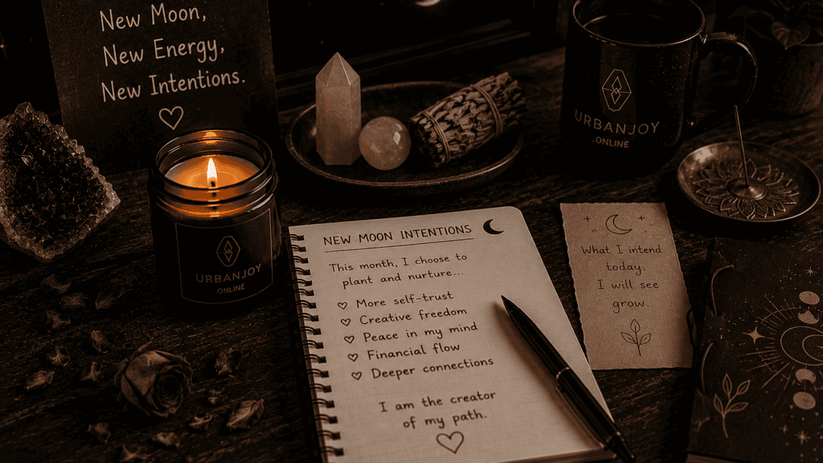New moon intention ritual handwritten list with a lit candle and crescent moon through a window