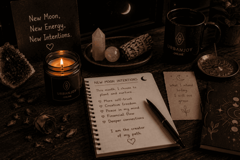 New moon intention ritual handwritten list with a lit candle and crescent moon through a window