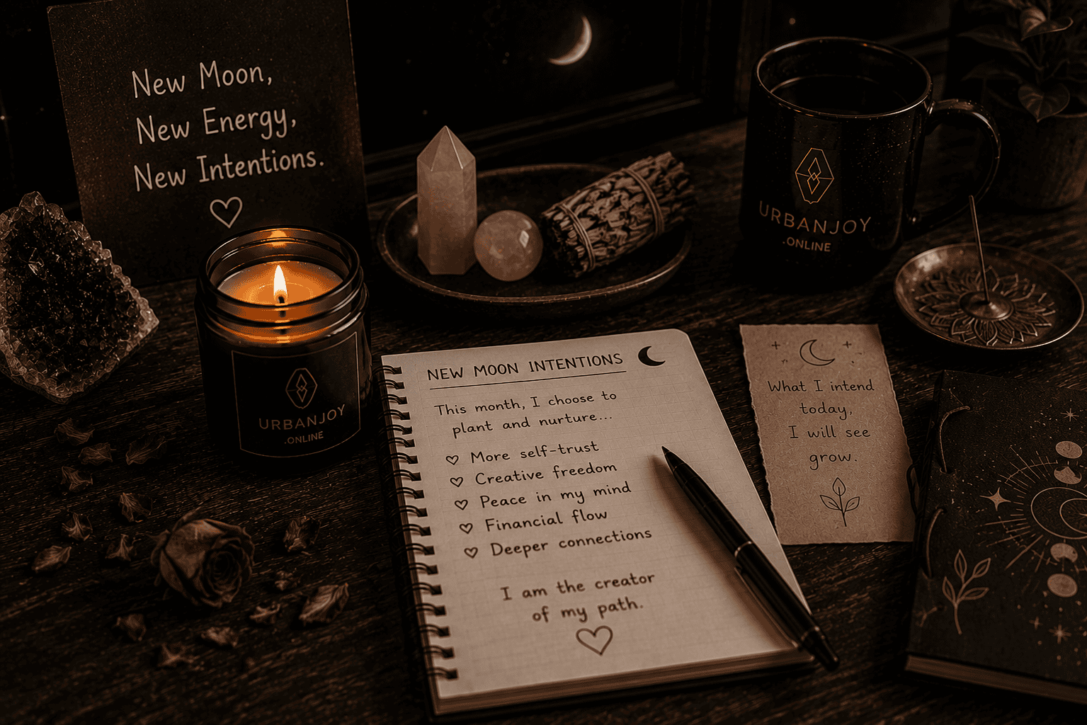 New moon intention ritual handwritten list with a lit candle and crescent moon through a window