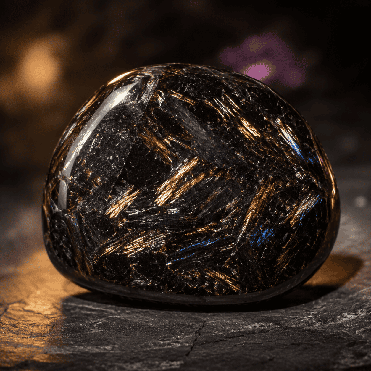 Polished black tourmaline stone on dark surface with reflective shine.