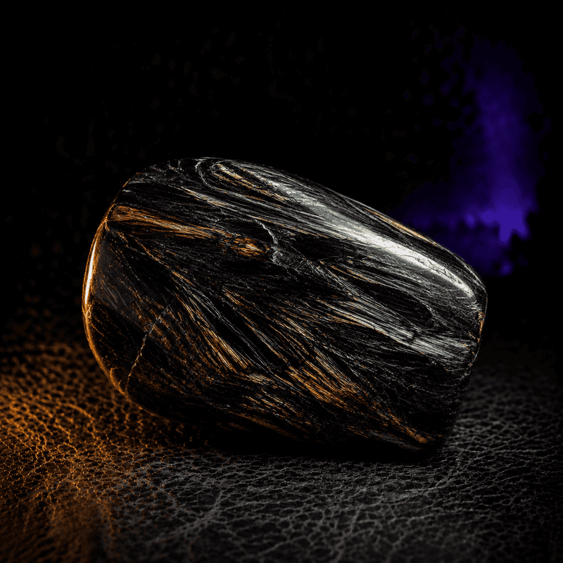 Polished black obsidian stone with gold and silver streaks on dark textured background.