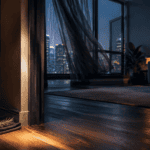 Stylish urban apartment living room with city skyline view at night.