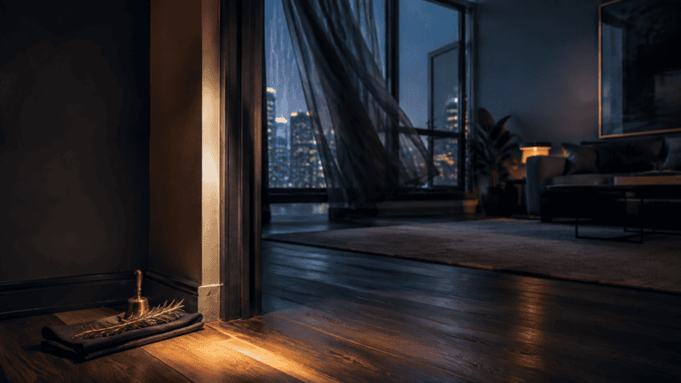 Stylish urban apartment living room with city skyline view at night.