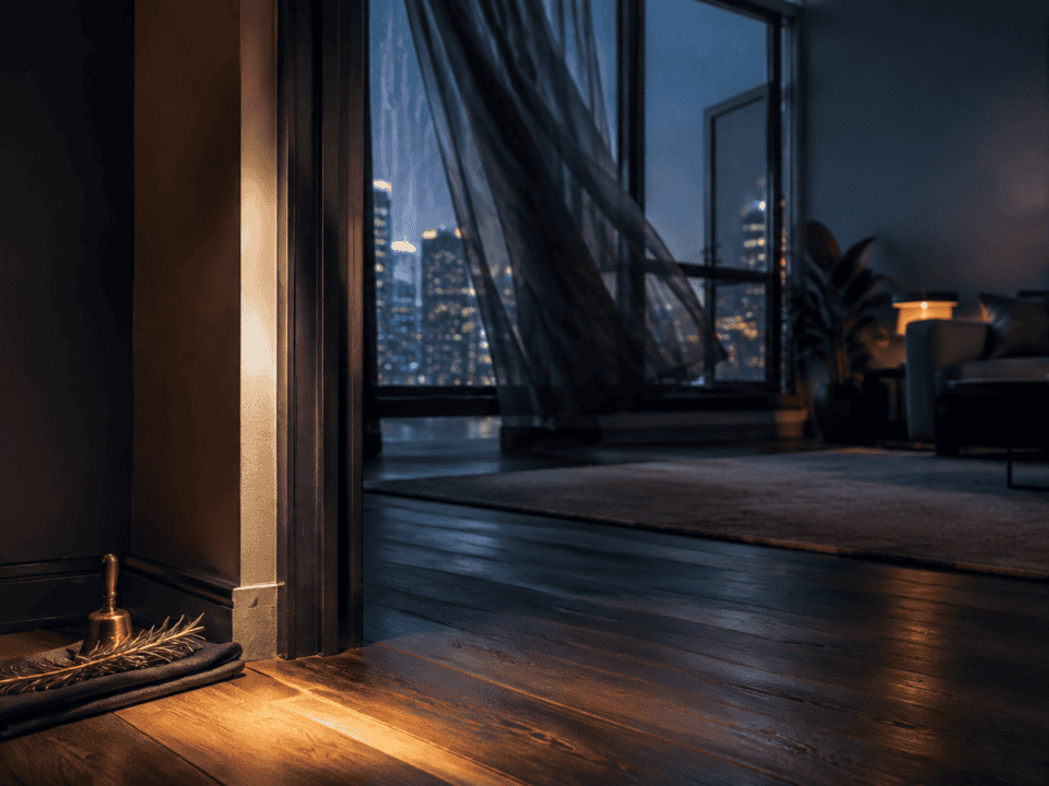 Stylish urban apartment living room with city skyline view at night.
