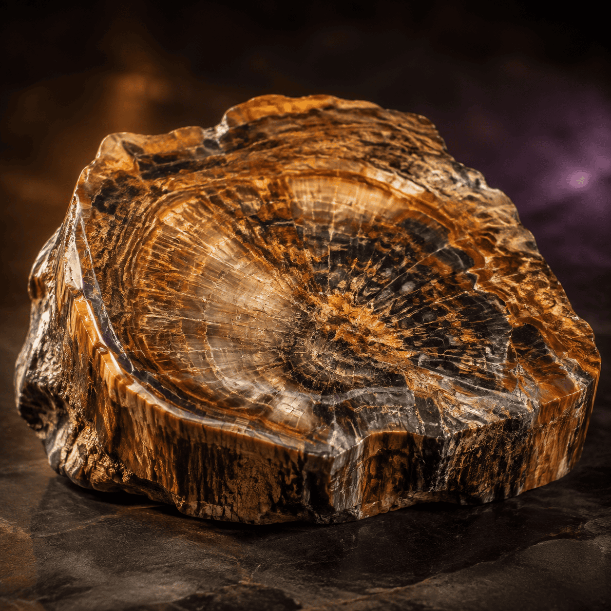 Polished petrified wood showcasing intricate patterns and rich brown colors.