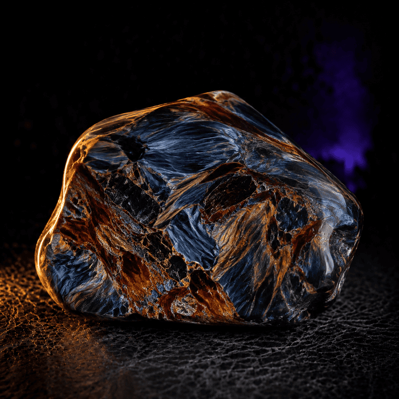 Close-up of a polished black and brown marble stone with intricate veining.