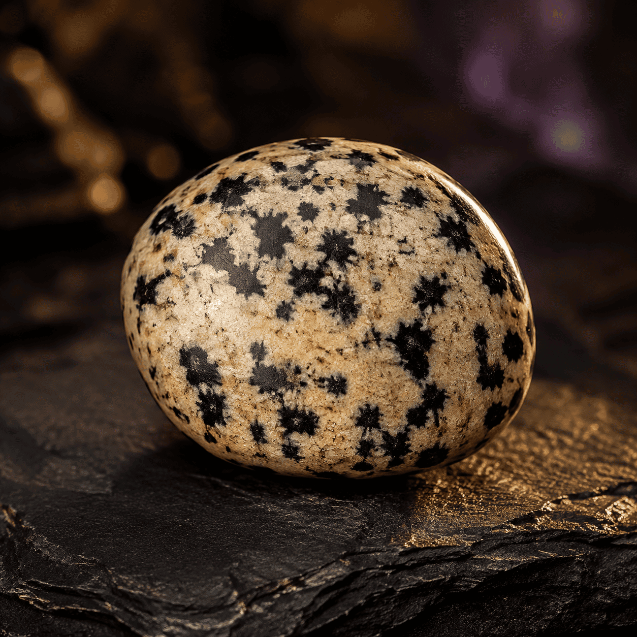 Close-up of a polished egg with black spots on a dark textured surface.