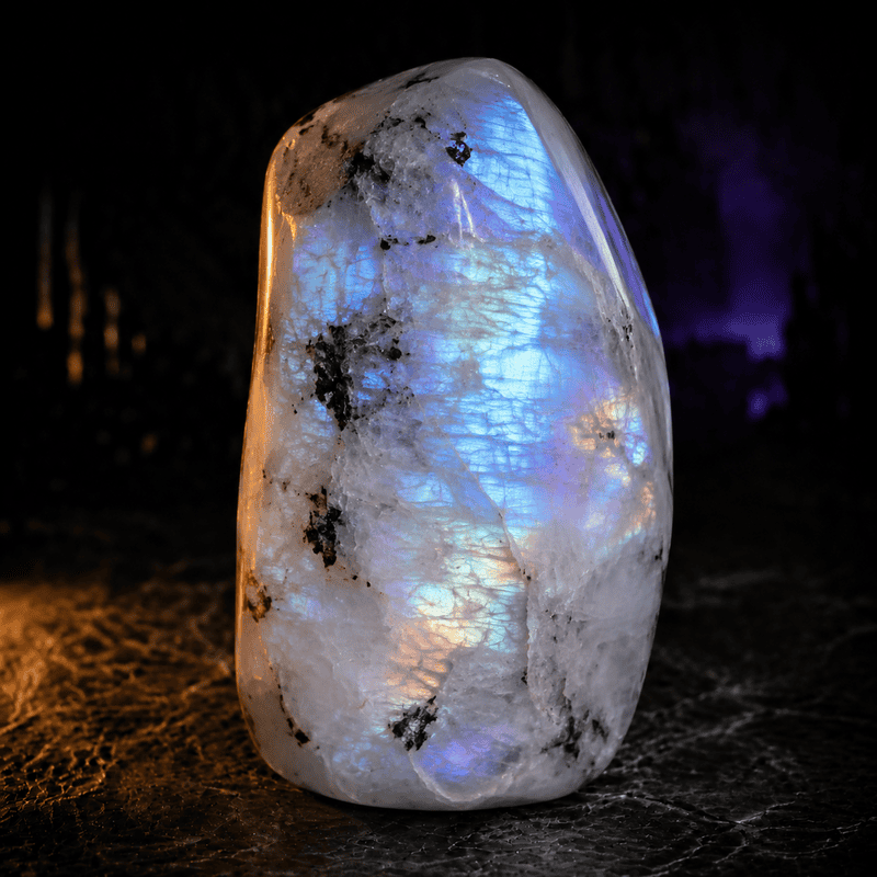 Ice sculpture glowing with blue and purple lights in a dark setting.