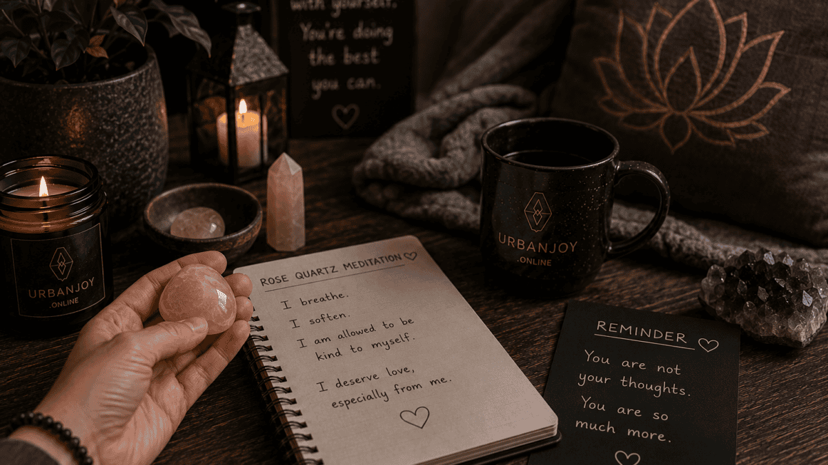 Rose quartz self-love meditation crystal held gently in cupped hands by candlelight