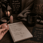 Rose Quartz Meditation for Quieting My Inner Critic 5 Rose quartz self-love meditation crystal held gently in cupped hands by candlelight