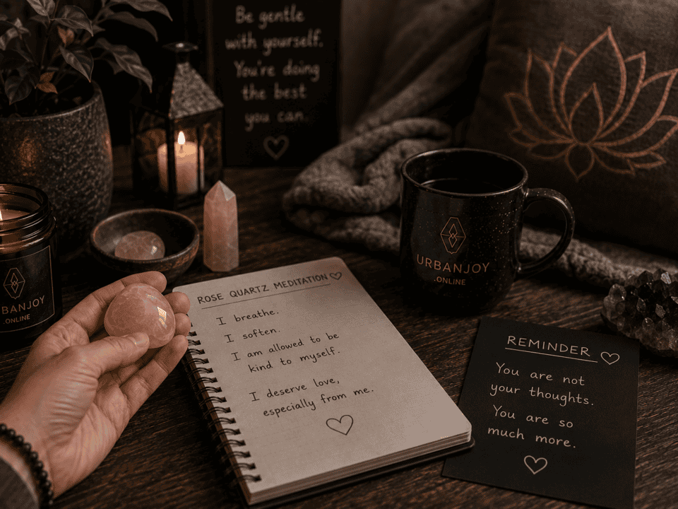 Rose quartz self-love meditation crystal held gently in cupped hands by candlelight