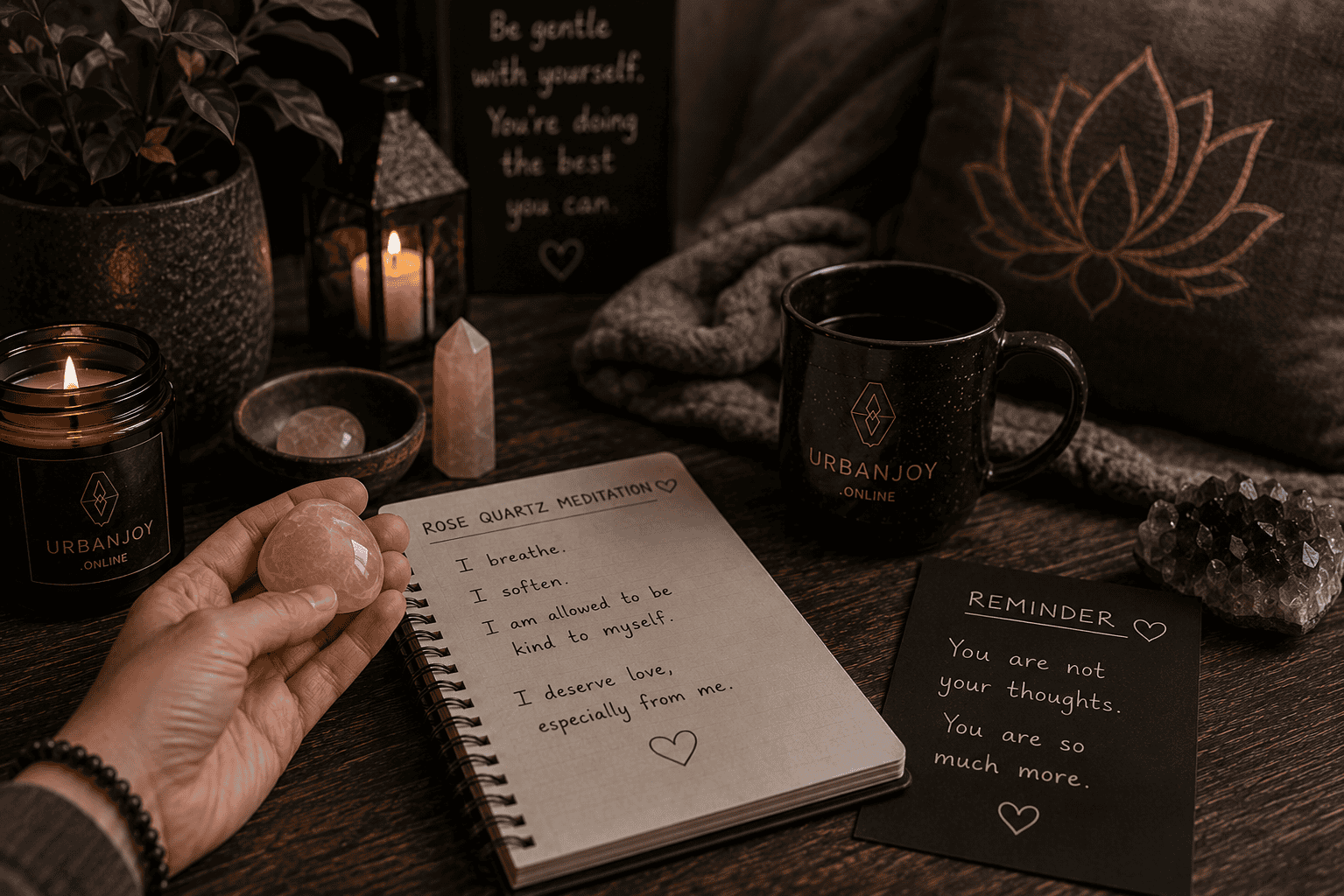 Rose quartz self-love meditation crystal held gently in cupped hands by candlelight