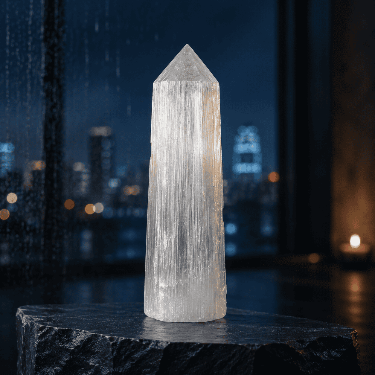 Selenite crystal tower on black stone surface with city lights in background.