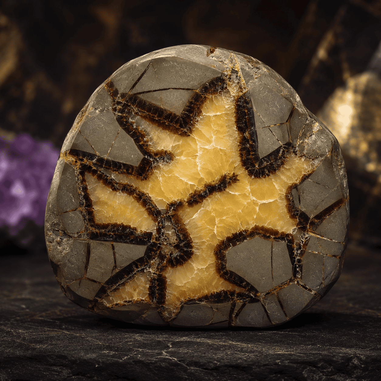 Close-up of a fossilized egg with intricate crack patterns and a yellow core.