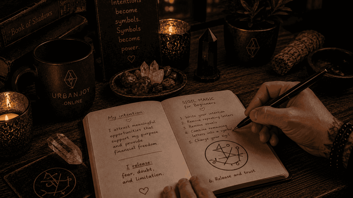Sigil Magic for Beginners: Turning Intentions into Symbols 6 Sigil magic for beginners hand-drawn symbol on parchment beside a lit candle